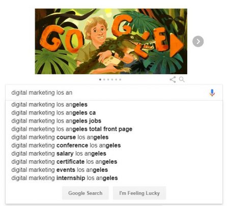 Google digital marketing los angeles autocomplete results without SBO